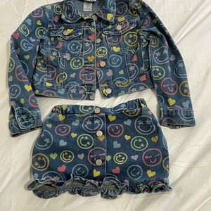 Rarity Blue Denim Kids Matching Skirt Set with Colorful Smiley Face Girls Size 6
